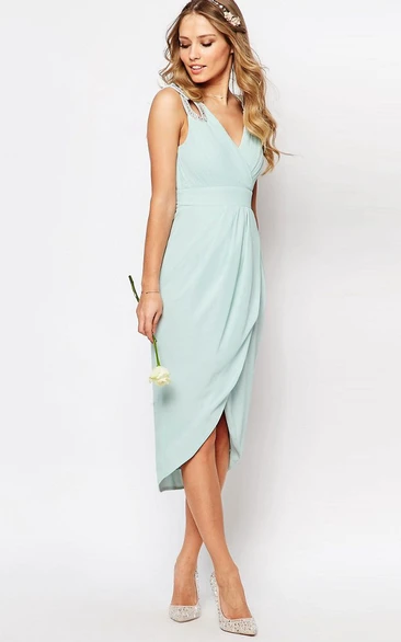 V-neck Sleeveless Chiffon Ruched Dress With Beading And Draping