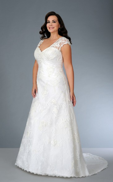 Lace Cap-sleeve A-line Dress With Corset Back And Sweep Train