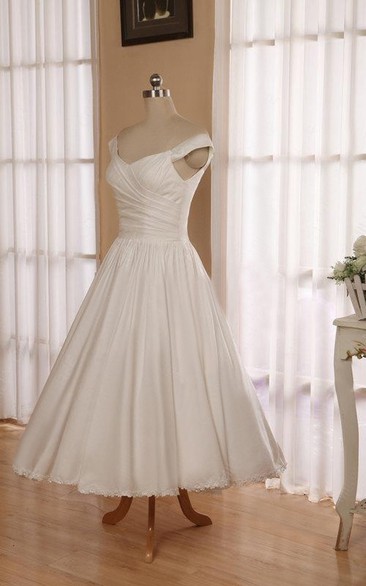 Button-Back Satin Sleeveless V-Neckline Bridal 3-4-Length Dress