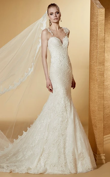 Mermaid/Trumpet Bateau Sleeveless Floor-length Lace Wedding Dress with Illusion and Appliques