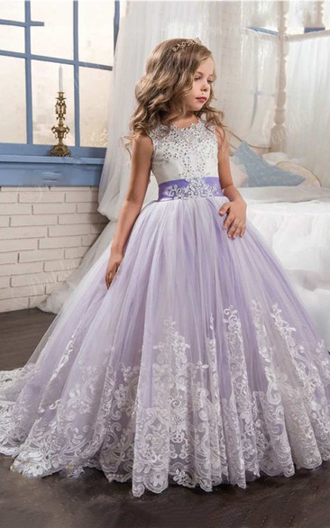 Ball Gown Floor-length Scoop Sleeveless Tulle Dress with Bow