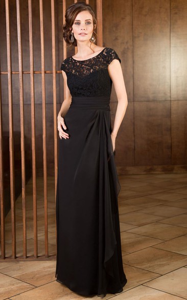 Sheath Scoop Short Sleeve Floor-length Chiffon Mother Of The Bride Dress with Draping and Appliques