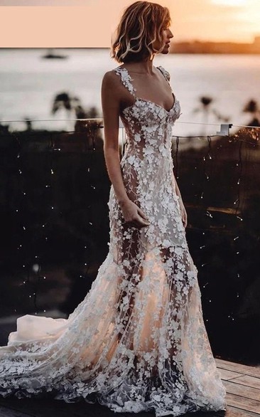 Lace Ethereal Sheath Applique Sexy Flowy Beach Wedding Dress