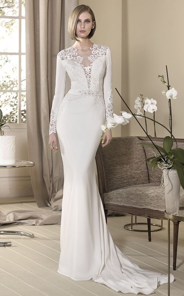 Sheath High Neck Long Sleeve Floor-length Jersey Wedding Dress with Illusion and Buttons