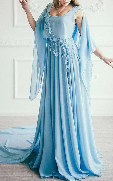 Chiffon Empire Pleated Floor-length Dress With wrap And Court Train