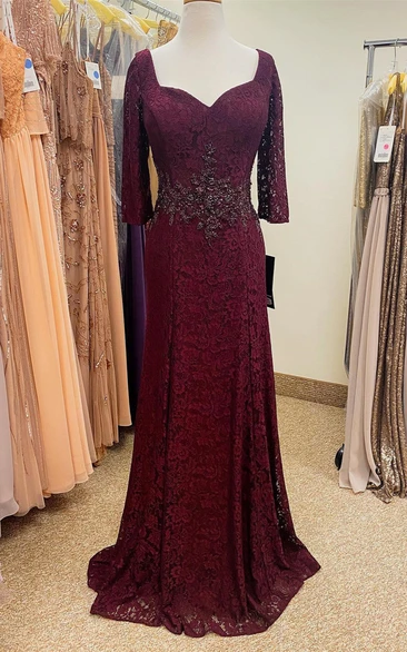 Queen Anna Lace Burgundy Beaded Waist Long lace Mother of Bride Dress with Half Sleeves