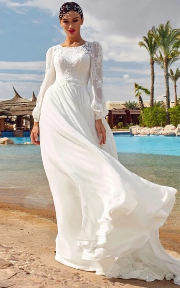 Boho Beach Chiffon Lace Long Sleeve destination Wedding Dress