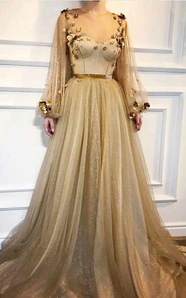Tulle Illusion Puff-long-sleeve Empire A-line Formal Prom Dress with Floral Decoration