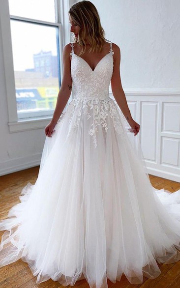 Spaghetti V-neck Lace Tulle Court Train Cross Back Ball Gown Wedding Dress
