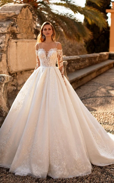 Luxury Spaghetti Illusion Long Sleeve Ball Gown Lace Wedding Dress