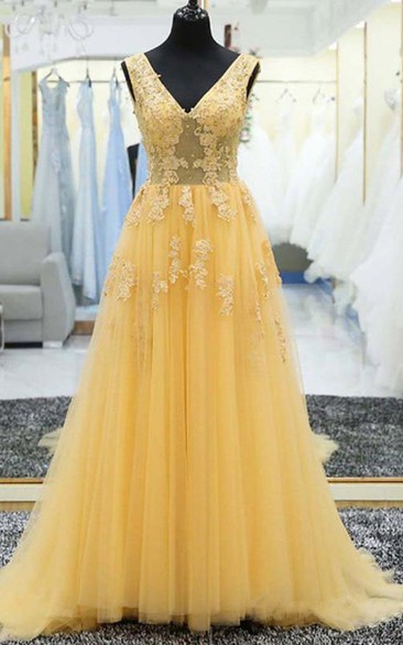 A Line Sleeveless Tulle Adorable Lace-up Back Low-V Back Prom Dress