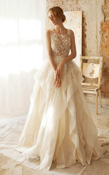 Floor-Length Organza Taffeta Floral Lace Embroidered Wedding Dress