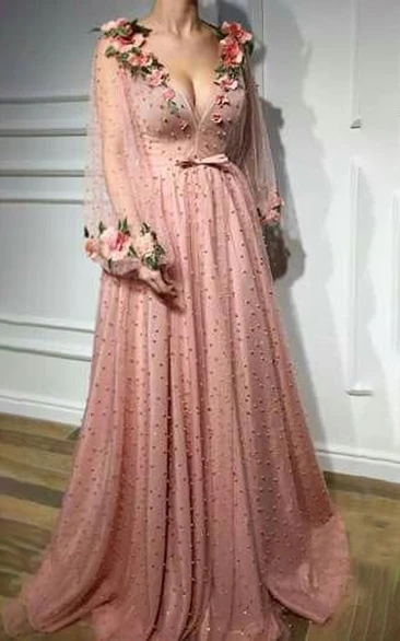 Blush Sexy Puff-long-sleeve Pleated Empire Floral Prom Dress