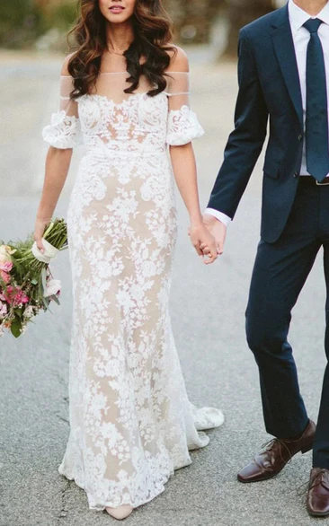 Bohemian Illusion Lace Sheath Wedding Dress Sleeves With Detachable Train,  Sheer Crew Neckline, And Tulle Long Sleeves Arabic Short Beach Formal Gown  From Crown2014, $117.48