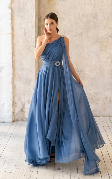One Shoulder Front-Slit Chiffon Dress with Side Ruching