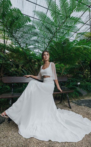 Two Piece Chiffon Sheer Wedding Dress with Illusion Sleeve