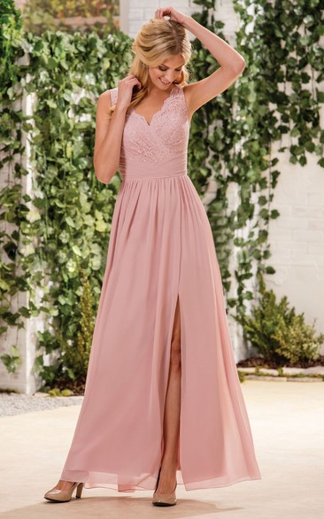 V-neck Sleeveless Chiffon Bridesmaid Dress With Lace And Split Front