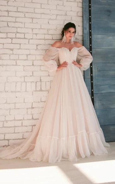 Long Sleeve Illusion Puff Empire A-line Pleated Wedding Dress with Applique