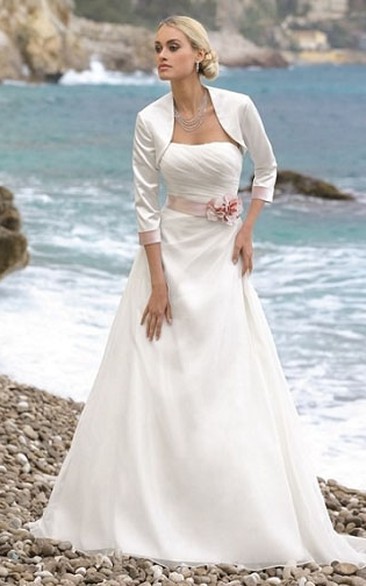 A-line Straight Across 3/4 Length Sleeve Floor-length Tulle/Satin Wedding Dress with Jacket