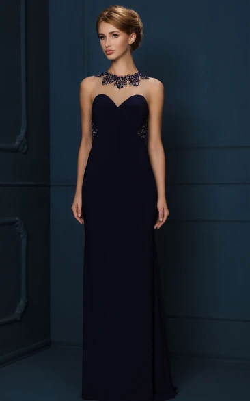 Sheath High-Neck Sleeveless Floor-Length Crystal Jersey Evening Dress
