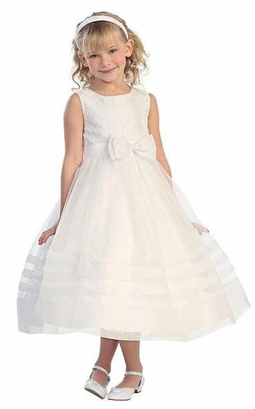 Tiered Organza Pleated Tea-Length Lace Flower Girl Dress