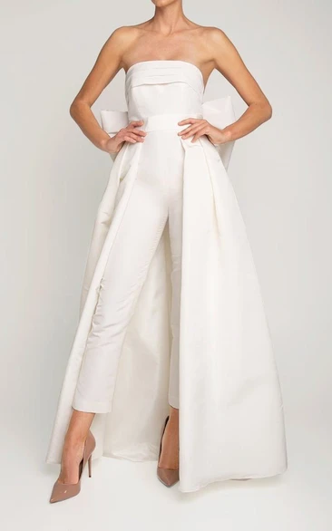 Strapless Empire Satin Wedding Pantsuit with Removable Skirt and Bow