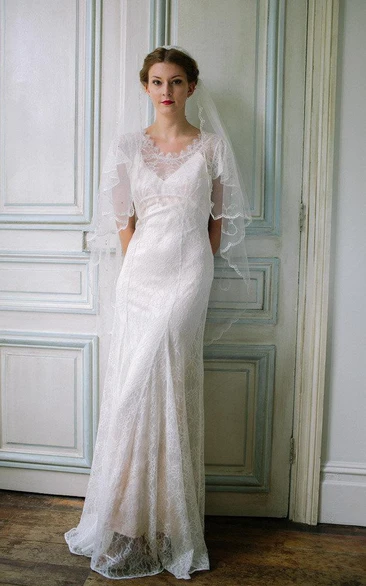 Scoop-neck Short-Sleeve Sheath Wedding Dress With Low-V Back