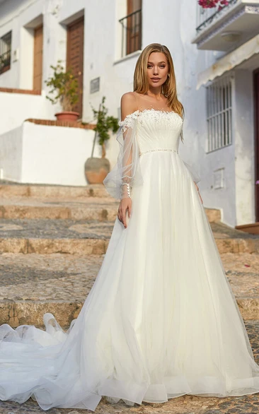 Strapless Illusion Long Sleeve Empire A-line Ruched Wedding Dress