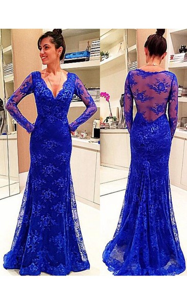 Lace Illusion Back V-Neckline Long-Sleeve Dress