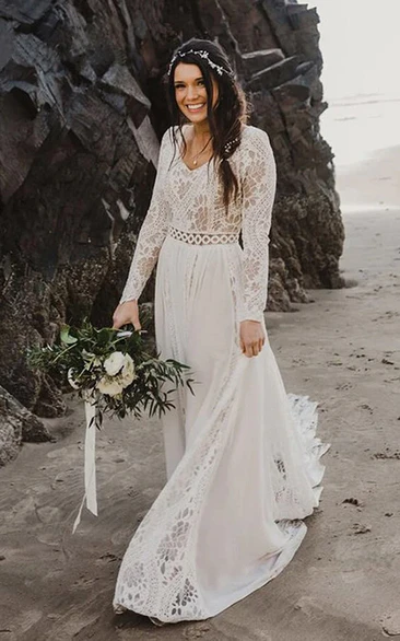 V-neck Lace Empire Boho Beach Chiffon Long Sleeve Wedding Dress