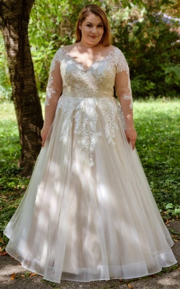 Beautiful V-neck A Line Tulle Floor-length Wedding Dress with Appliques