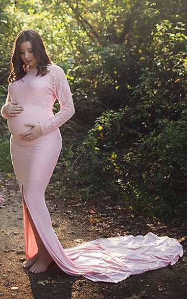 High Neck Long Sleeve Lace Pleated Split Front Maternity Dress