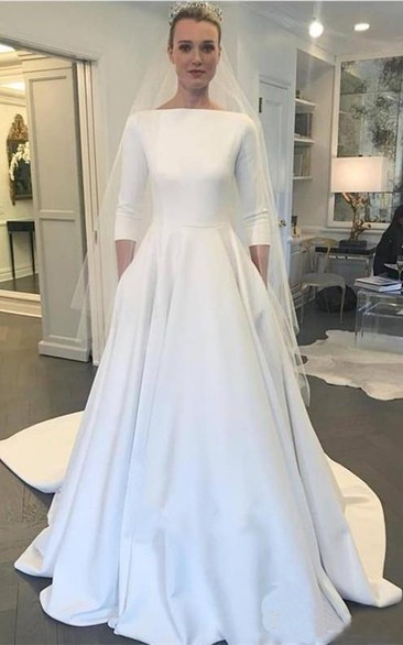 Modest Satin A-line 3/4 Sleeve Wedding Dress