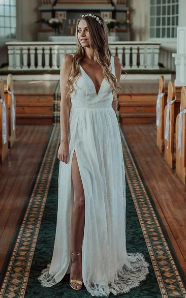 Simple Sexy Sleeveless A Line Lace V-neck Wedding Dress with Split Front