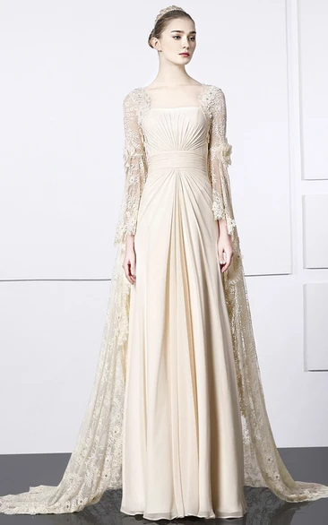 Unique Square Sheath Lace Chiffon Gown With Bat Sleeve And Train