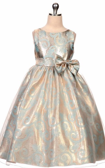 Ball Gown Scoop Sleeveless Tea-length Satin Flowergirl Dress with Sash and Bow