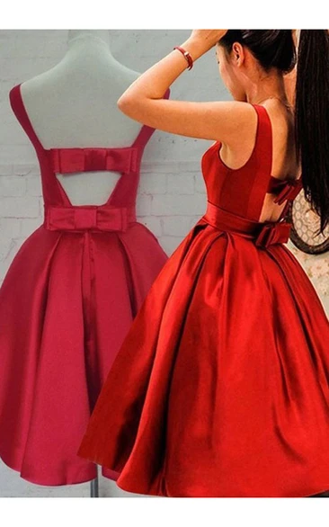 Sleeveless Ball Gown Tea-length Bow Ruching Satin Homecoming Dress