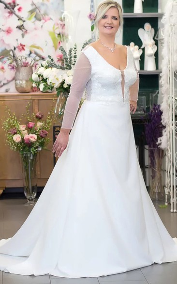Simple A Line Satin Long Sleeve Floor-length Low-V Back Wedding Dress