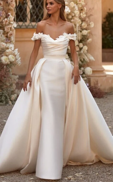 Off-the-shoulder Satin Sheath Ruched Wedding Dress with Detachable Train