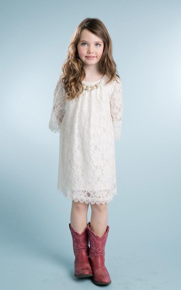 Jeweled Scalloped 3-4-Length Lace Flower Girl Dress