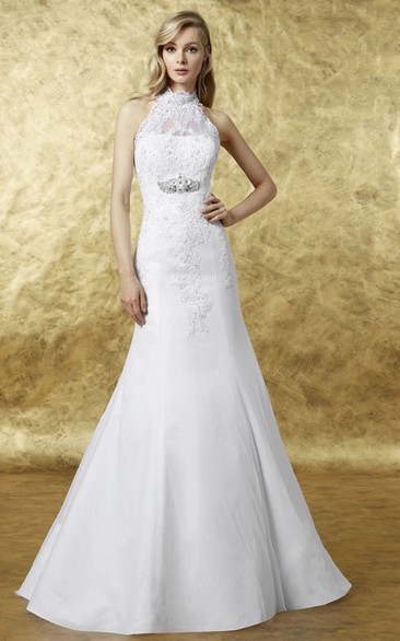 A-line High Neck Sleeveless Floor-length Satin Wedding Dress with Illusion and Waist Jewellery