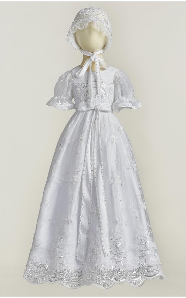 Cute Elegant Christening Gown With Lace And Bow