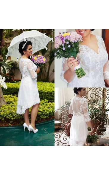 V-neck Lace Illusion 3/4 Length Sleeve Wedding Dress