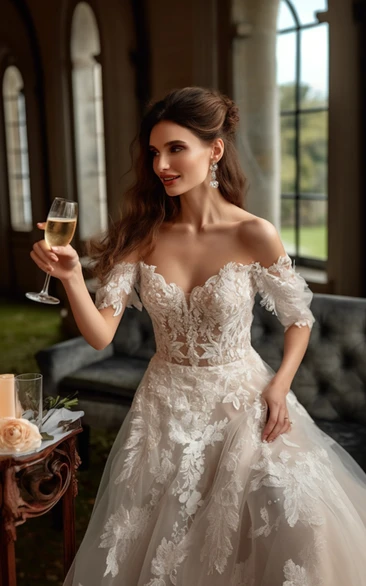 Romantic Off the Shoulder Sweetheart Tulle ReceptionWedding Dress with Appliques