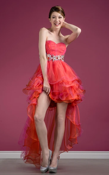 A-Line Tiered Ruffled High-Low Sweetheart Sleeveless Strapless Tulle Dress