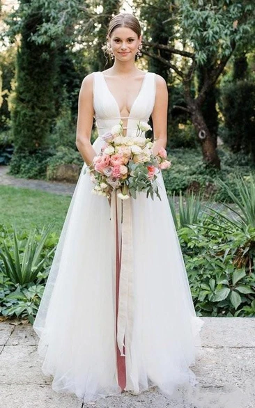 Plunging Neckline Tulle Sleeveless Brush Train Deep-V Back Wedding Dress