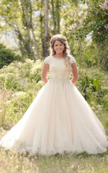 Jewel Lace Tulle Cap Short Sleeve Wedding Gown