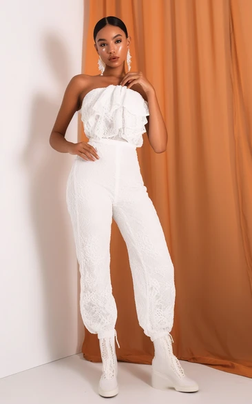 Lace Straigth Across Empire Lace Bridal Jumpsuit with Draping