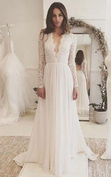 V-neck Chiffon Lace Illusion Long Sleeve Wedding Gown