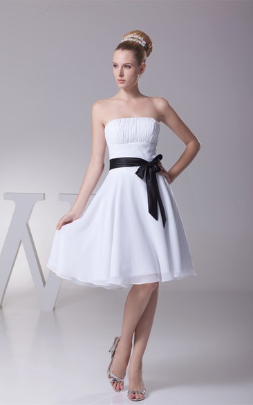 A-Line Bowknot Satin Ribbon Zipper Back Ruched Midi-Length Gown